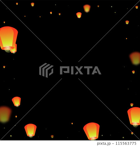 Yi peng festival card. Thailand holiday with paper lantern lights flying in the night sky. Traditional Yi Peng celebration. Vector illustration on black background. Yi peng festival card. Thailand holiday with paper lantern lights flying in the night sky. Traditional Yi Peng celebration. Vector illustration on black background. 115563775