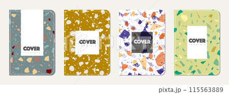 Note book cover design. Terrazzo abstract background made of natural stones, granite, quartz and marble. Venetian terrazzo texture note book template. 115563889