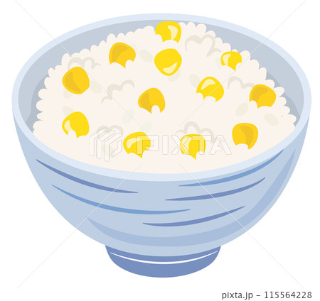 【ベクター】お茶碗に盛られた夏の味覚・炊きたてとうもろこしご飯のイラスト 115564228