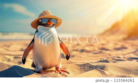 A penguin wearing sunglasses and hat walks along the seashore on sandy beach 115564261
