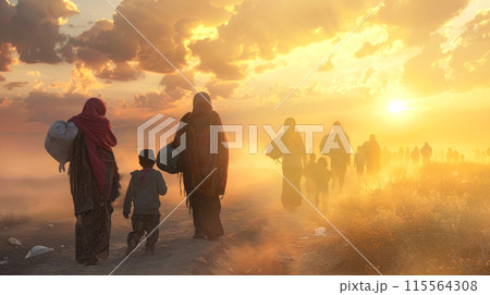 A crowd of women with children are fleeing the war in search of shelter. 115564308