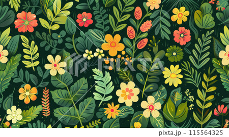 Green dark illustrated background with leaves and various flowers 115564325