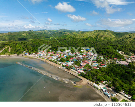 Drone view of houses and buildings in Santa Fe, Tablas, Romblon. Philippines. 115564632