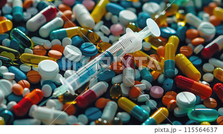 anti drug day. The syringe is among the many illegal narcotic pills. 115564637