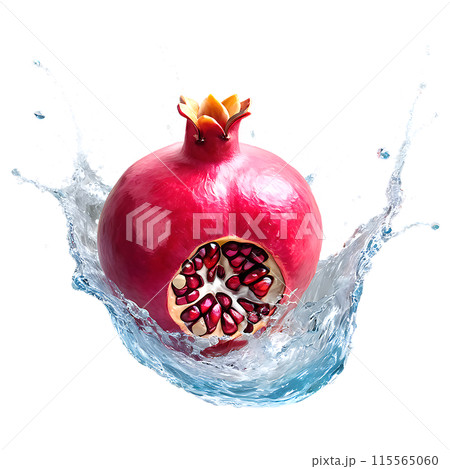 Pomegranate with juice splash isolated on a transparent background Pomegranate with juice splash isolated on a transparent background 115565060