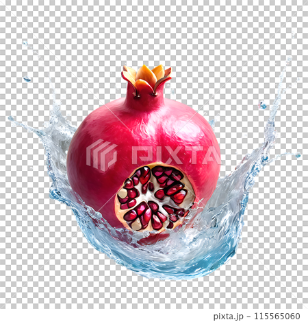 Pomegranate with juice splash isolated on a transparent background Pomegranate with juice splash isolated on a transparent background 115565060
