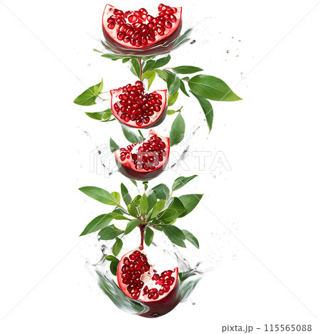 Pomegranate with juice splash isolated on a transparent background Pomegranate with juice splash isolated on a transparent background 115565088