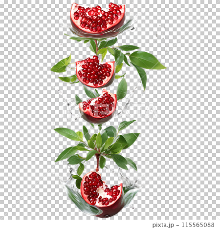 Pomegranate with juice splash isolated on a transparent background Pomegranate with juice splash isolated on a transparent background 115565088