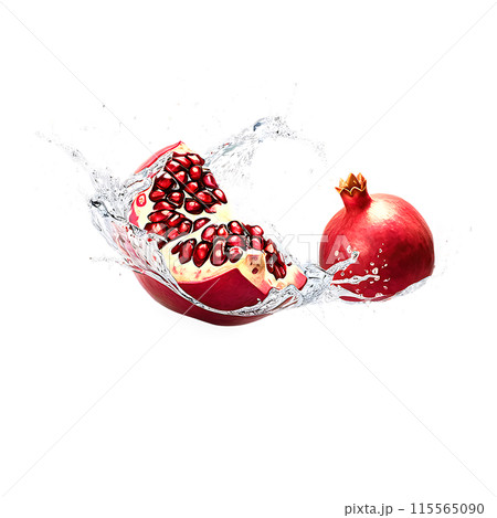 Pomegranate with juice splash isolated on a transparent background Pomegranate with juice splash isolated on a transparent background 115565090