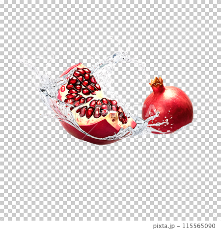 Pomegranate with juice splash isolated on a transparent background Pomegranate with juice splash isolated on a transparent background 115565090
