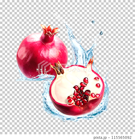 Pomegranate with juice splash isolated on a transparent background 115565092