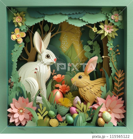 Two intricately crafted paper rabbits among a vibrant display of flowers and Easter eggs in a three dimensional forest setting Two intricately crafted paper rabbits among a vibrant display of flowers and Easter eggs in a three dimensional forest setting 115565122