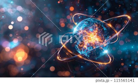 Abstract representation of subatomic particles swirling around a glowing nucleus against a starry backdrop. Abstract representation of subatomic particles swirling around a glowing nucleus against a starry backdrop. 115565141