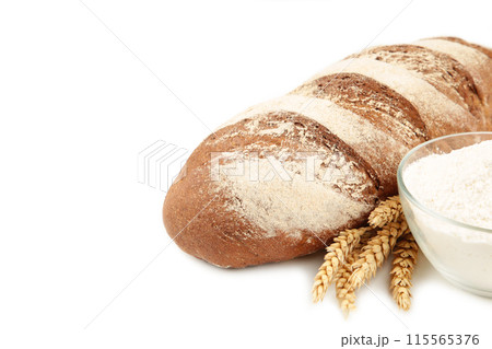 Wheat flour and bread isolated on white background Wheat flour and bread isolated on white background 115565376