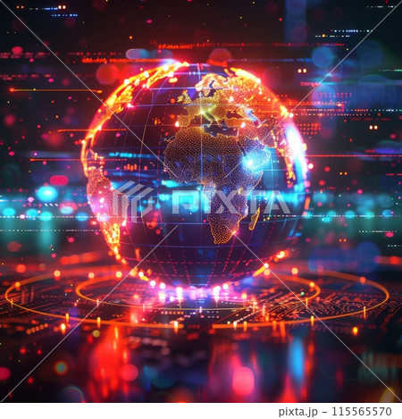 A vibrant dynamic representation of the global hologram rotate by digital information evoking advanced technology of cybernetic A vibrant dynamic representation of the global hologram rotate by digital information evoking advanced technology of cybernetic 115565570