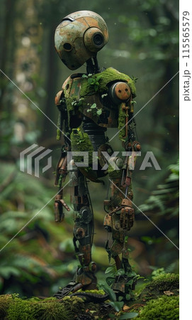 A retro robot mechanic assembling robots from junk in a post apocalyptic setting 115565579