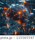3D image of a brain that integrates organic and robotic elements in a sci-fi theme. 115565597