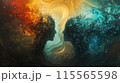 Two figures in a digital vibrant colored motion finding solace and warmth in each others 115565598