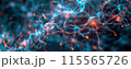 Digital representations of human brain cells link and learn from vast libraries of large data, appearing as cybernetic and glowing AI. 115565726