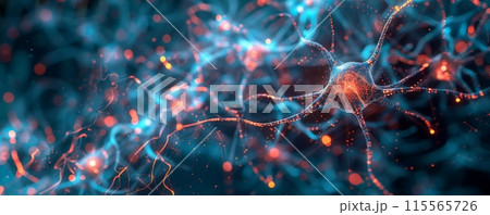 Digital representations of human brain cells link and learn from vast libraries of large data, appearing as cybernetic and glowing AI. Digital representations of human brain cells link and learn from vast libraries of large data, appearing as cybernetic and glowing AI. 115565726