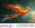 A computerized wizard and a legendary phoenix fighting in flames symbolizing the cutting edge of cybernetics technology 115565766
