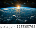 This view from space shows the Earth from a distance with sunlight 115565768