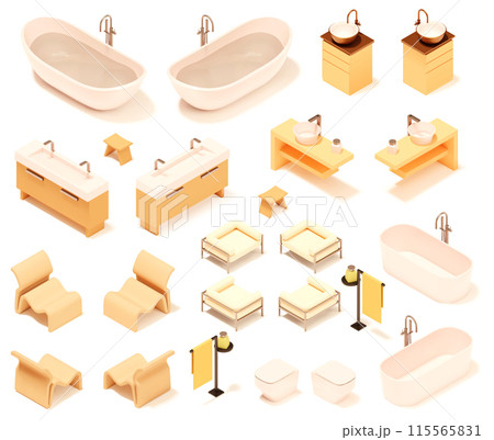 Vector isometric bathroom furniture and plumbing fixtures Vector isometric bathroom furniture and plumbing fixtures 115565831