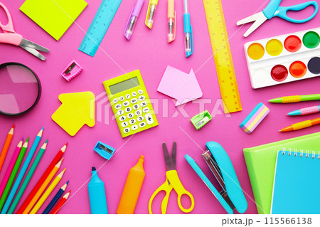 School supplies on pink background with copy space. Back to school. Flat lay. School supplies on pink background with copy space. Back to school. Flat lay. 115566138