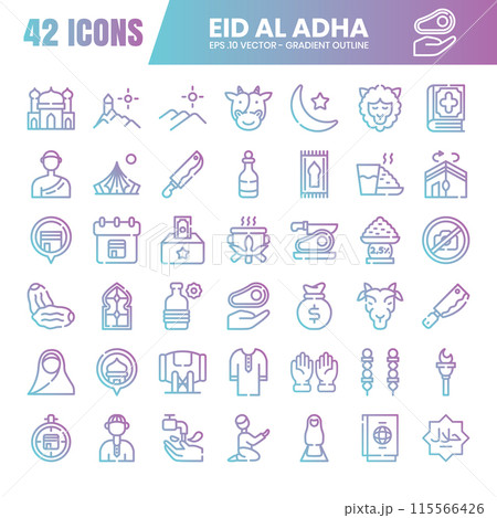 Eid al adha gradient outline icon set. A collection of gradient outline icons celebrating Eid al-Adha. Vector illustration. 115566426