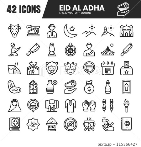 Eid al adha outline icon set.A collection of outline icons celebrating Eid al-Adha. Vector illustration. 115566427