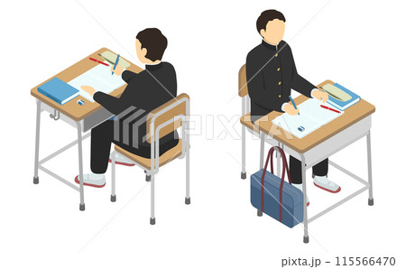 アイソメトリックイラスト：学校の机で勉強する男子生徒 115566470
