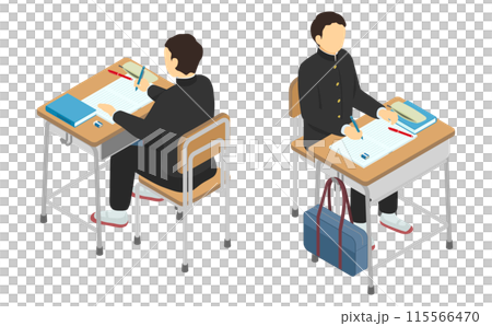 アイソメトリックイラスト：学校の机で勉強する男子生徒 115566470