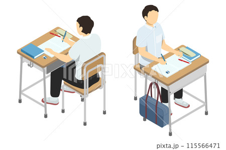 アイソメトリックイラスト：学校の机で勉強する男子生徒(夏服) 115566471