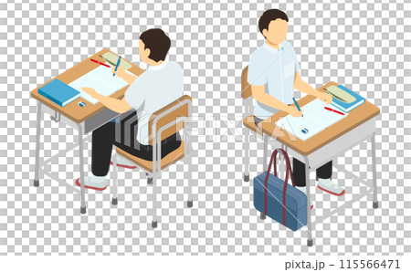 アイソメトリックイラスト：学校の机で勉強する男子生徒(夏服) 115566471