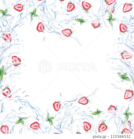 Strawberries and mint in splashes of water are framed on a watercolor illustration on a white background. Hand drawn water for illustration of fresh fruits, lemonades, drinks, restaurant menu design. Strawberries and mint in splashes of water are framed on a watercolor illustration on a white background. Hand drawn water for illustration of fresh fruits, lemonades, drinks, restaurant menu design. 115566532