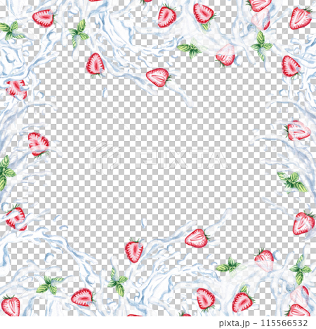 Strawberries and mint in splashes of water are framed on a watercolor illustration on a white background. Hand drawn water for illustration of fresh fruits, lemonades, drinks, restaurant menu design. Strawberries and mint in splashes of water are framed on a watercolor illustration on a white background. Hand drawn water for illustration of fresh fruits, lemonades, drinks, restaurant menu design. 115566532