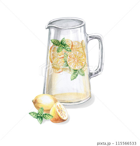 Transparent glass jug with lemonade and lemons on the front in a watercolor illustration on a white background. Handmade pitcher for cookbooks, lemonade, restaurant menu design, tablecloths, cards Transparent glass jug with lemonade and lemons on the front in a watercolor illustration on a white background. Handmade pitcher for cookbooks, lemonade, restaurant menu design, tablecloths, cards 115566533