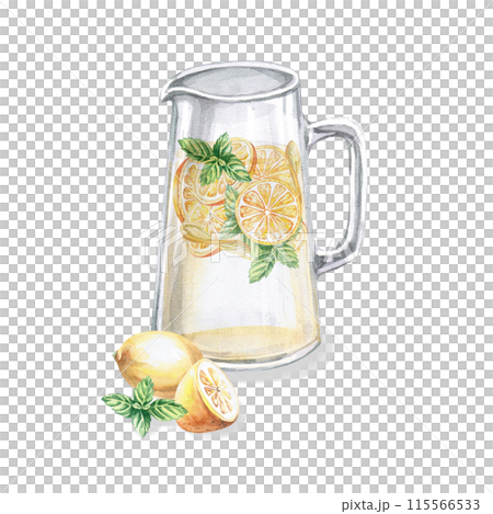 Transparent glass jug with lemonade and lemons on the front in a watercolor illustration on a white background. Handmade pitcher for cookbooks, lemonade, restaurant menu design, tablecloths, cards Transparent glass jug with lemonade and lemons on the front in a watercolor illustration on a white background. Handmade pitcher for cookbooks, lemonade, restaurant menu design, tablecloths, cards 115566533