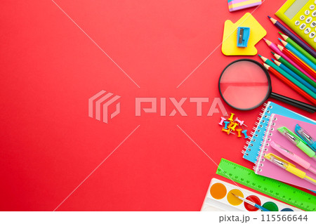 Back to school concept on red background. Top view Back to school concept on red background. Top view 115566644
