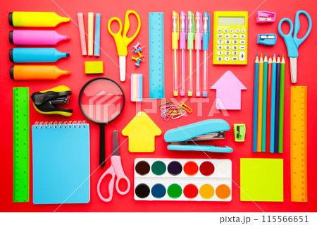 Back to school concept on red background. Top view Back to school concept on red background. Top view 115566651