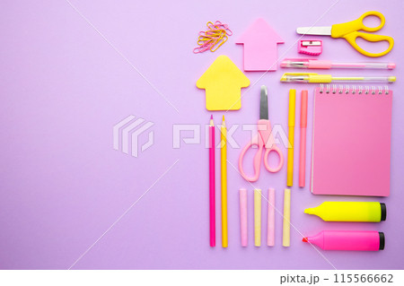 School supplies on pink background with copy space. Back to school. Flat lay. 115566662