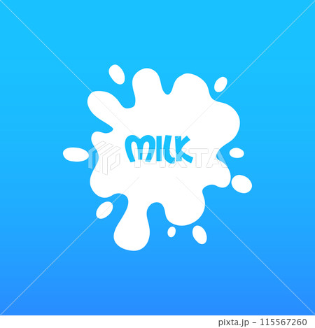 Cow milk splash with letters. Isolated white fresh farm goat milk splash drop silhouette icon for health dairy organic calcium yogurt food store dairy logo splashing shape vector label Cow milk splash with letters. Isolated white fresh farm goat milk splash drop silhouette icon for health dairy organic calcium yogurt food store dairy logo splashing shape vector label 115567260