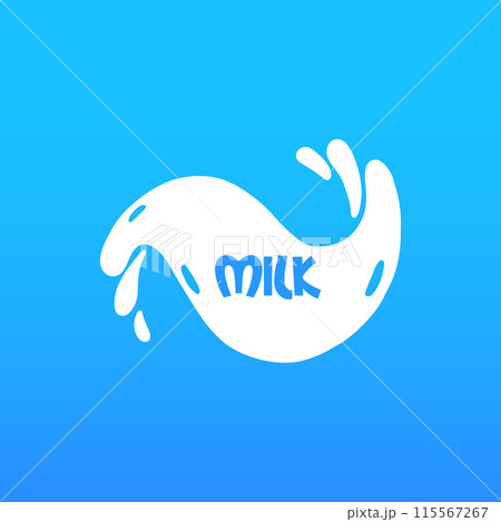 Cow milk splash with letters. Isolated white fresh farm goat milk splash drop silhouette icon for health dairy organic calcium yogurt food store dairy logo splashing shape vector label 115567267
