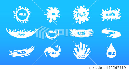 Cow milk splashes with letters. Isolated white fresh farm goat milks splash drop silhouette icon for health dairy organic calcium yogurt food store dairy logo splashing shape vector label collection 115567319
