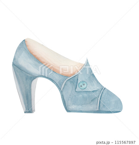 Blue woman shoe on high heels, watercolor fashion illustration on white background , art print, wall art Blue woman shoe on high heels, watercolor fashion illustration on white background , art print, wall art 115567897