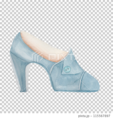 Blue woman shoe on high heels, watercolor fashion illustration on white background , art print, wall art Blue woman shoe on high heels, watercolor fashion illustration on white background , art print, wall art 115567897