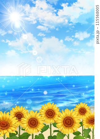 夏の風景　海とひまわりの背景　縦長 115568005