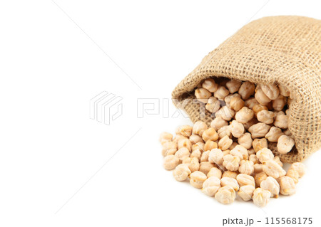 Chickpea in bag isolated on white background. Top view 115568175