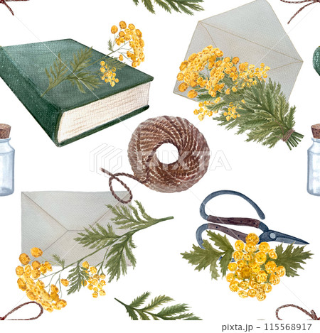 Blue tansy flowers, scissors, jute rope, book and envelope seamless pattern isolated on white. Hand painted in watercolor. High quality art great for wrapping paper, packages, herbal production Blue tansy flowers, scissors, jute rope, book and envelope seamless pattern isolated on white. Hand painted in watercolor. High quality art great for wrapping paper, packages, herbal production 115568917