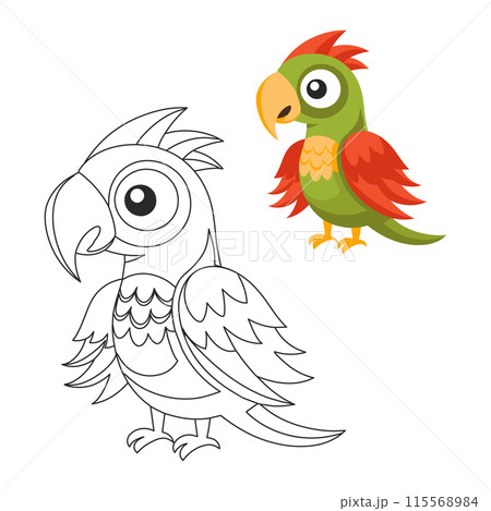 Cute children's parrot, outline drawing for coloring book and illustration. Cute cartoon macaw bird. Print for children Cute children's parrot, outline drawing for coloring book and illustration. Cute cartoon macaw bird. Print for children 115568984
